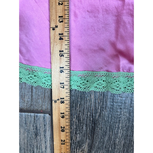 Gold Hawk Pink Silk Cami Top Green Lace Trim Lingerie Sleeveless Tank New S - Picture 6 of 8